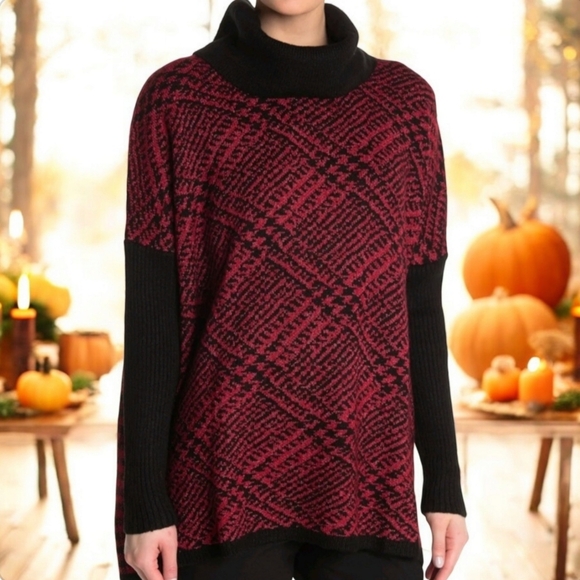 NEW Joseph A Plaid Knit Cowl Neck Sweater Long Sleeve Pullover Red Black Med NWT - Picture 1 of 5